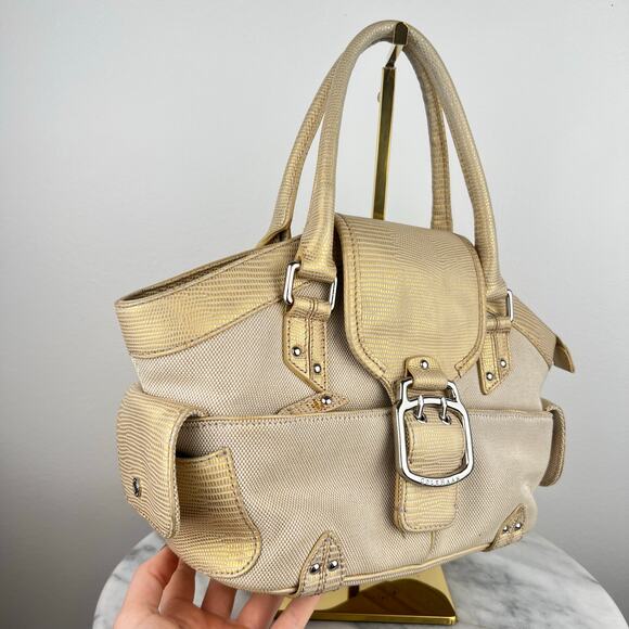 Cole Haan Buckle Canvas Tan and Gold Lizard Skin Embossed Leather Shoulder Bag - Picture 13 of 16